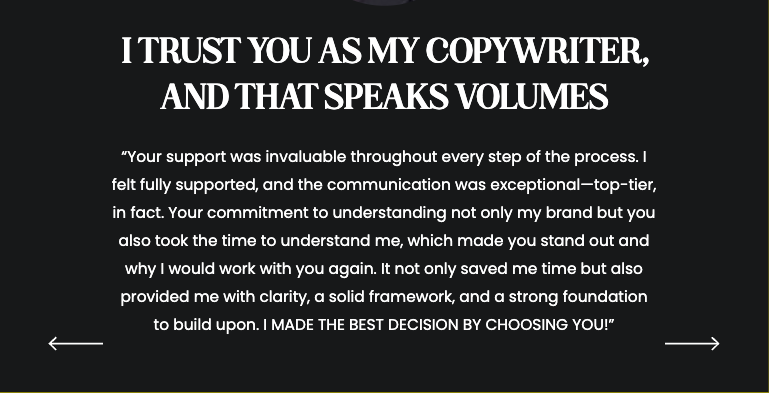 Client testimonial for Storytella Studios© copywriting package, The Copy Retainer